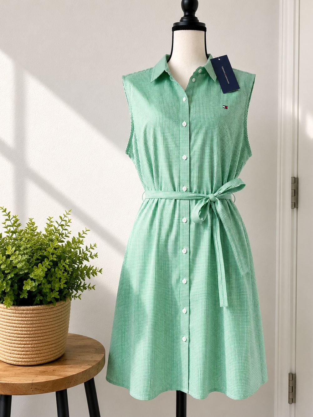 Tommy Hilfiger Green Gingham Sleeveless Shirt Dress with Belt NWT US 16 UK 20